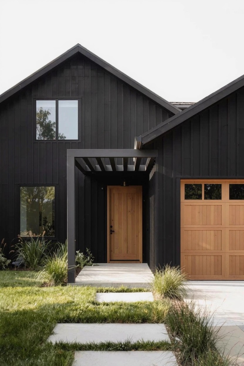 Black board-and-batten sided house with gabled roofline, wooden front door under a pergola-covered entryway, wooden paneled garage door, concrete stepping stone pathway through lawn, and grasses nearby.