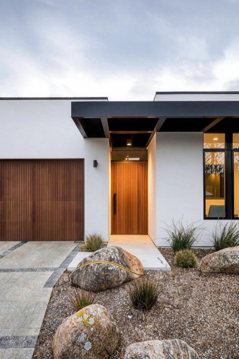 Modern white stucco house exterior featuring a large wooden slat garage door, wooden entry door under a black overhang, paver pathway, large rocks, and native grasses in the front yard.
