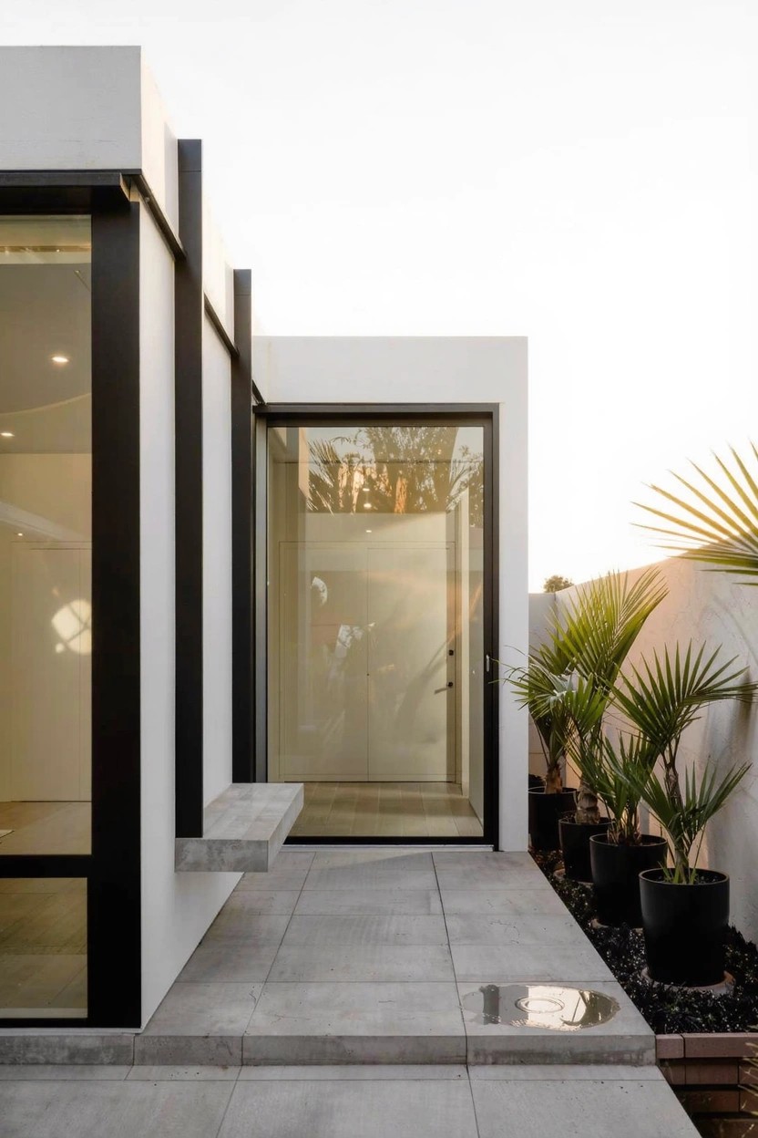 White modern house exterior featuring large glass door with slim black metal frame, concrete paver pathway, and potted palm plants beside it.