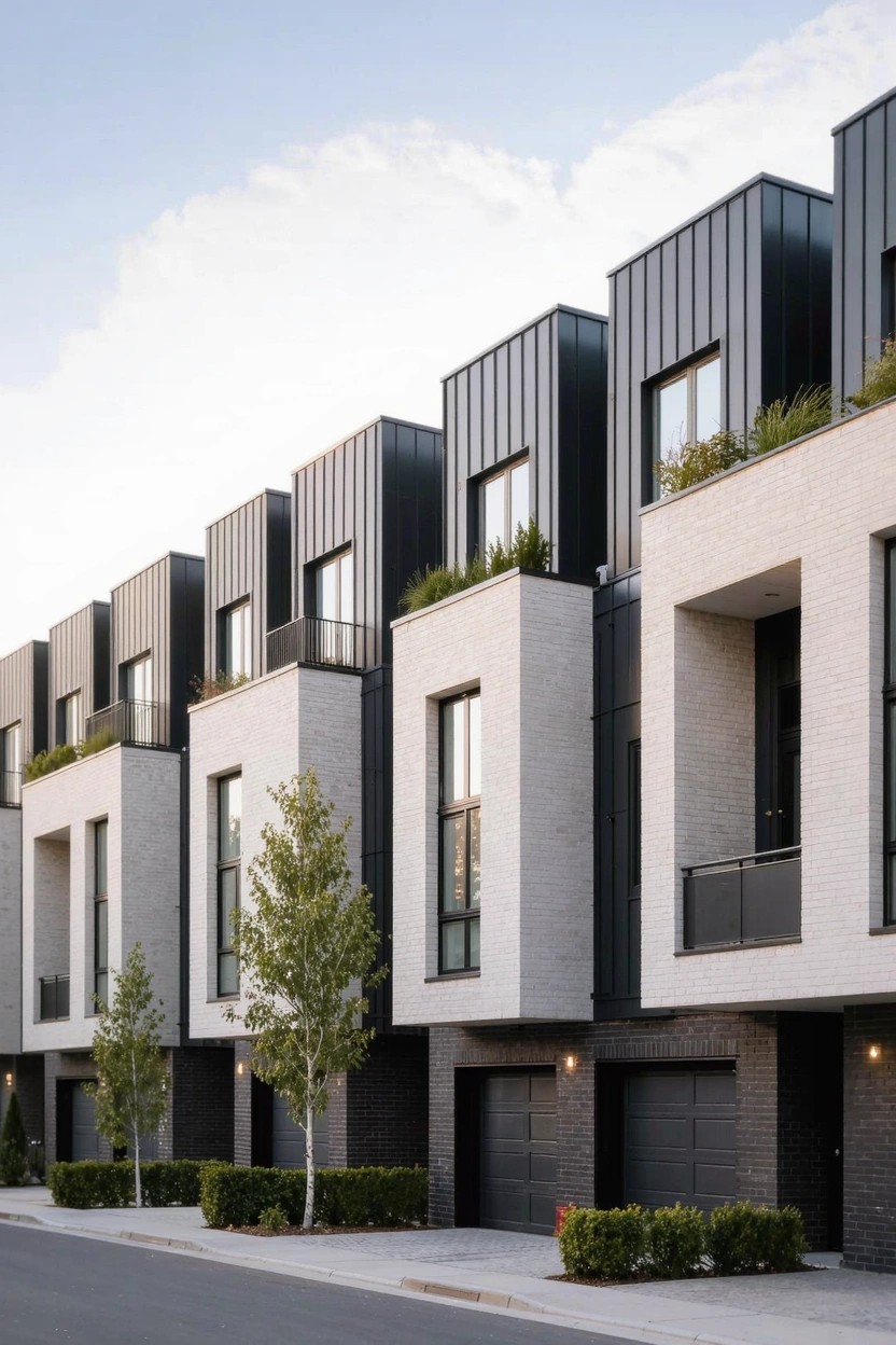 Row of modern multi-story townhouses with white brick lower levels and black metal upper volumes, featuring large windows, metal balconies with plants, front garages, and small trees with shrubs along the sidewalk.
