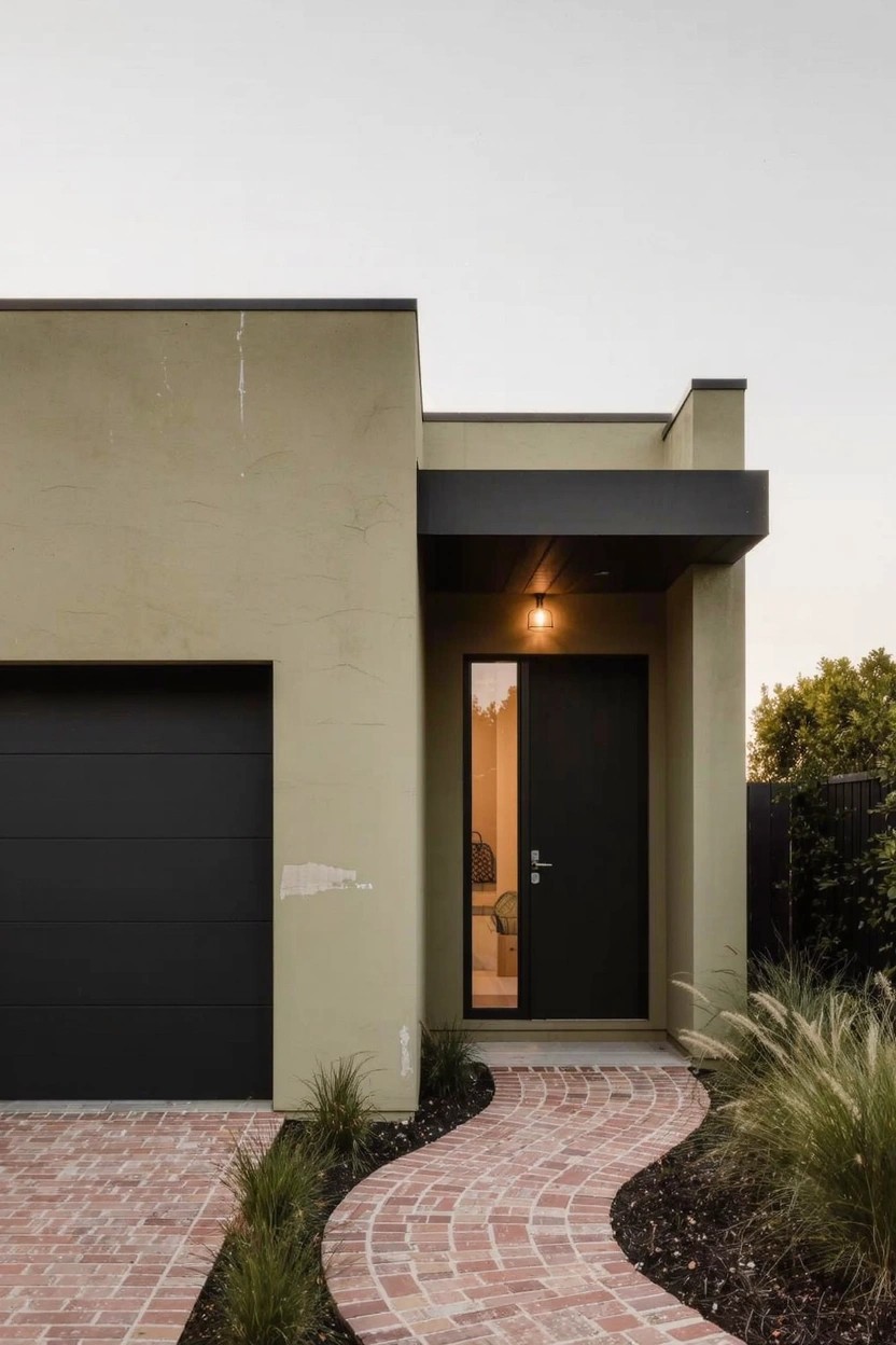 Modern house exterior in beige with black garage door and front door, lit entry under overhang, curved red brick path through grasses leading to door.
