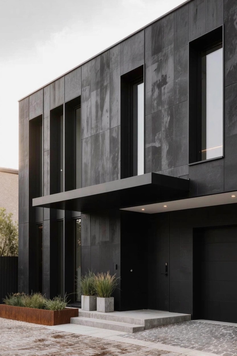 Modern two-story house exterior featuring black textured vertical cladding panels, tall narrow windows, cantilevered black entry canopy, black front door and garage door, potted grasses, and pebbled pathway with stone steps.