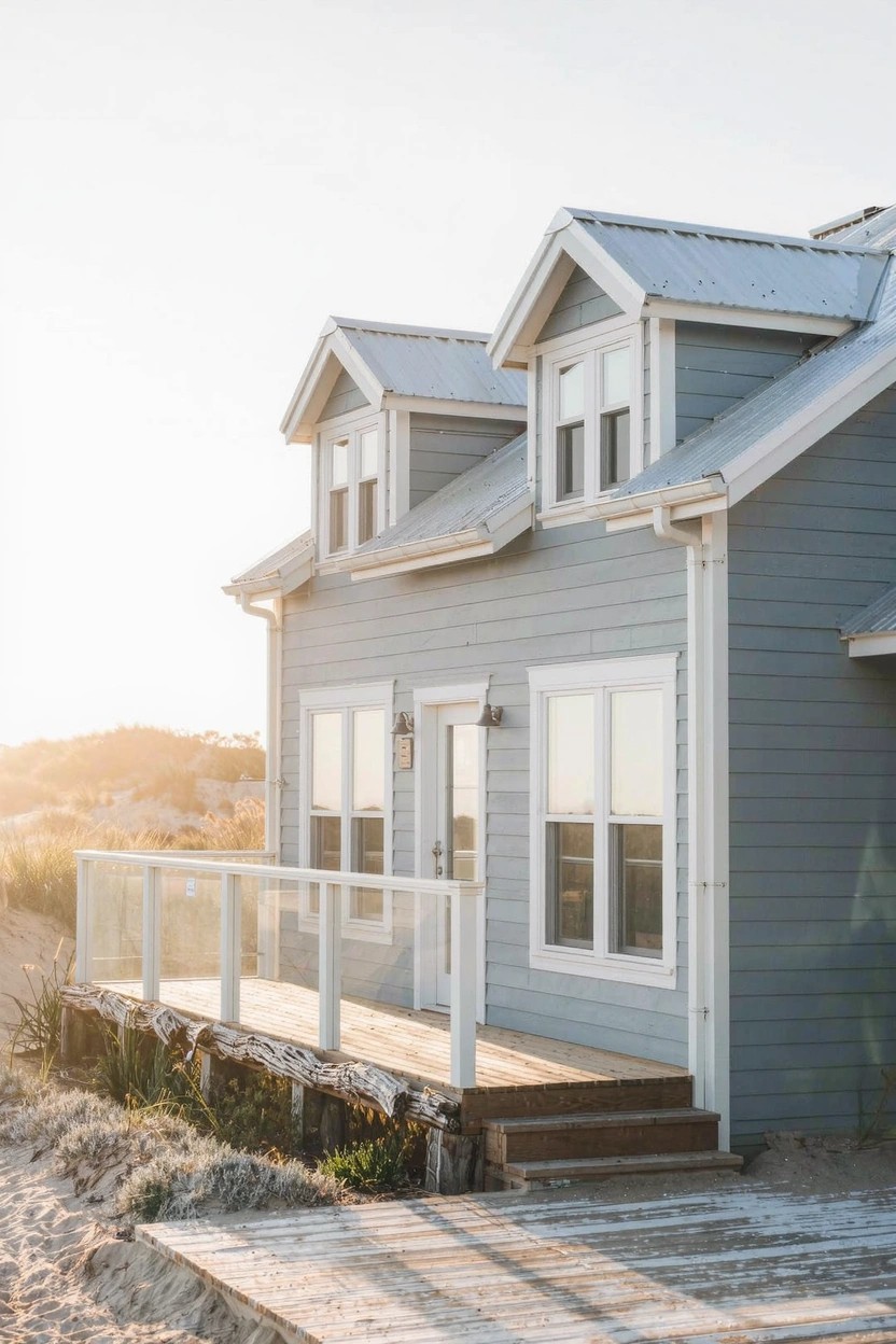 Light gray clapboard house with gabled roof, dormer windows, and an elevated wooden deck with glass railings and stairs leading to sandy dunes.