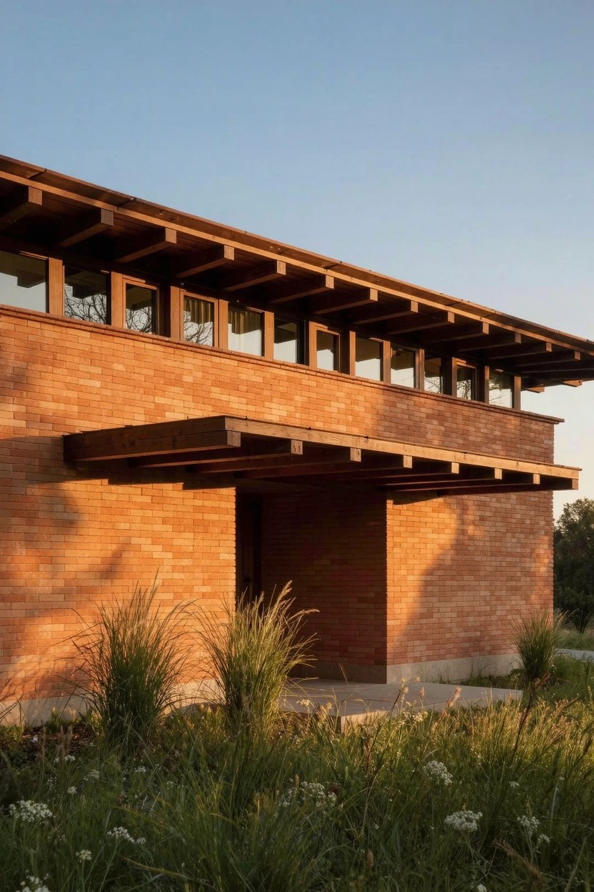 Single-story brick house with horizontal exposed wooden beams forming overhangs above large windows and entry, surrounded by tall grasses under a clear sky.