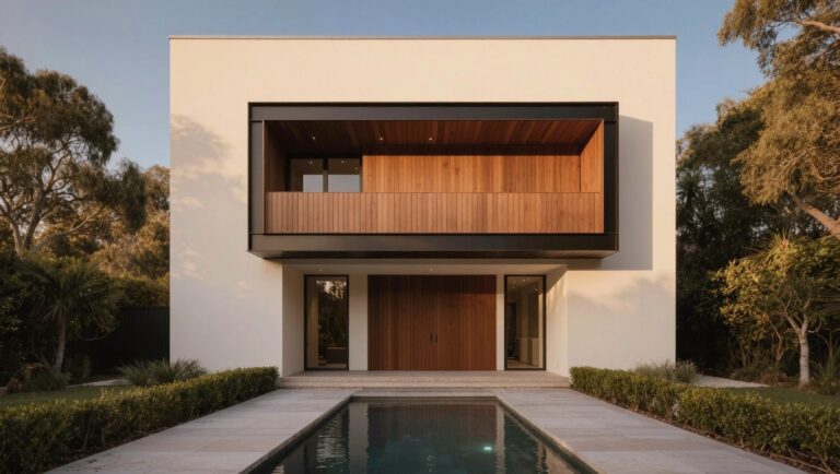 White stucco modern house exterior featuring a cantilevered wooden balcony enclosure with glass windows, adjacent wooden deck beside a long rectangular pool, boxwood shrubs, and gravel ground cover at sunset.