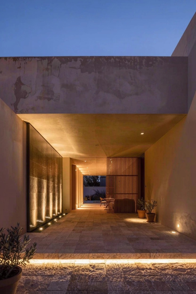 Modern beige stucco house exterior at dusk with a covered entry corridor, wooden slat screens, illuminated stone tile path lined with uplights and wall lights, potted olive trees, and a glimpse of indoor seating.