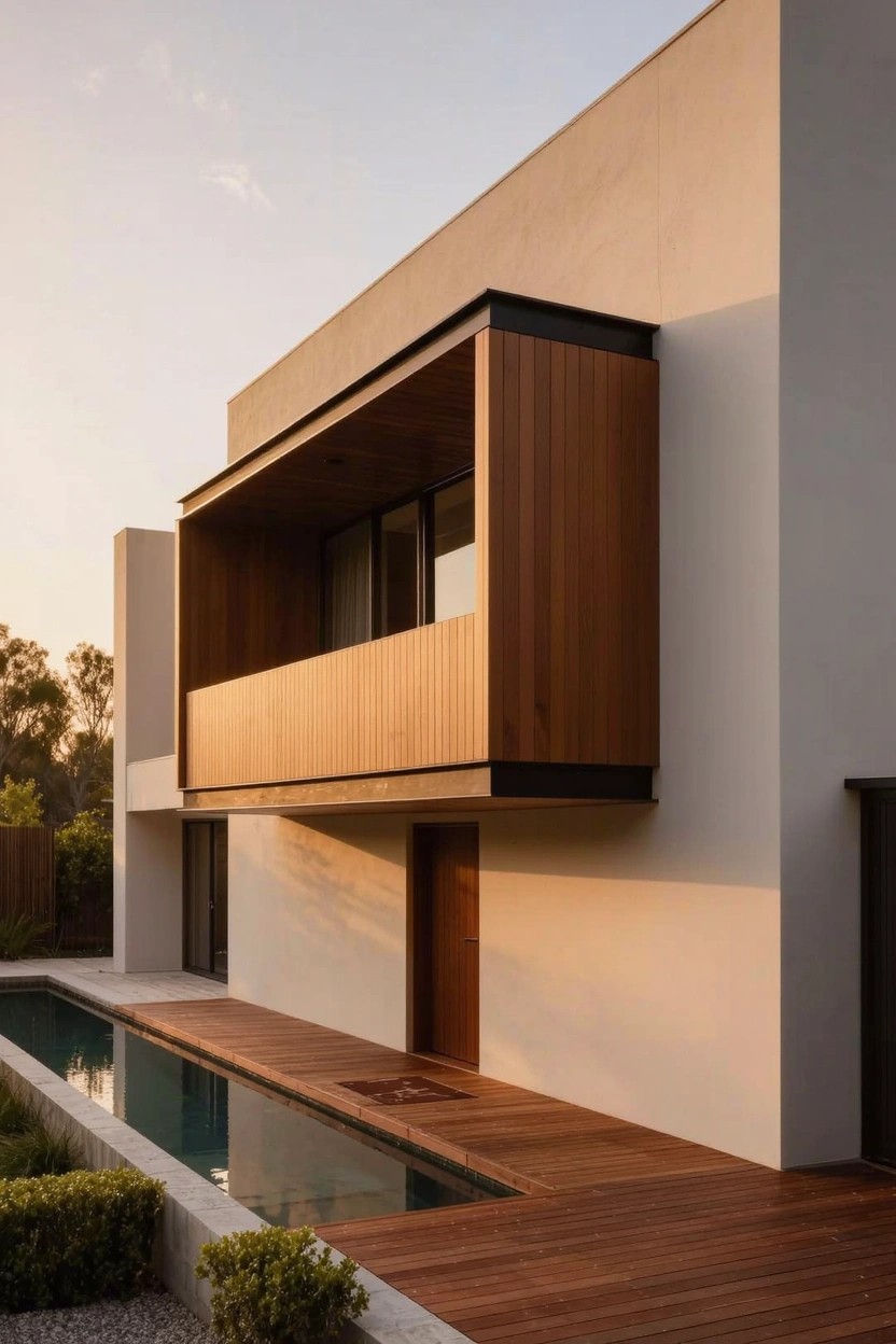White stucco modern house exterior featuring a cantilevered wooden balcony enclosure with glass windows, adjacent wooden deck beside a long rectangular pool, boxwood shrubs, and gravel ground cover at sunset.