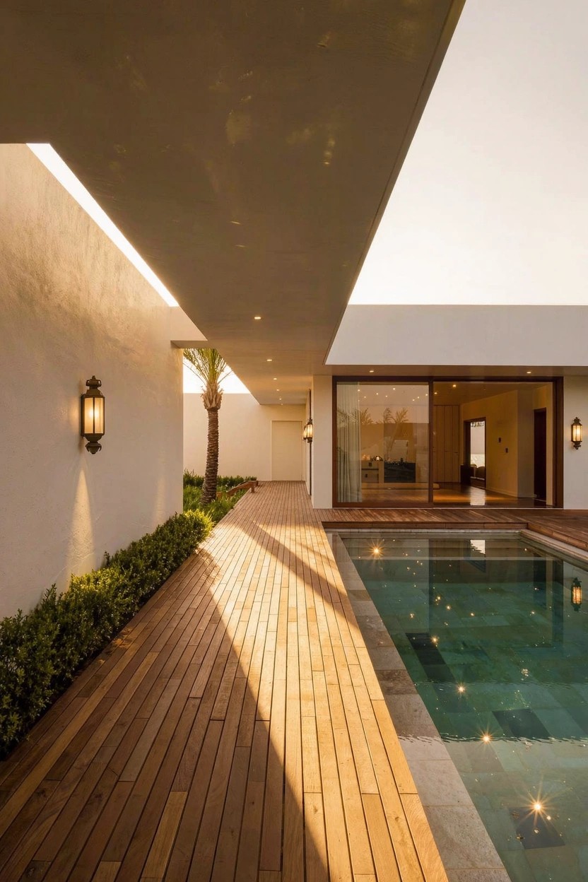 Modern house exterior with long wooden walkway parallel to rectangular green pool, white stucco walls, wall lanterns, low greenery, and a palm tree.