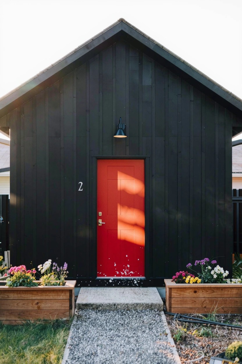 Black wooden cabin exterior with gabled roof, bright red numbered door at center, wooden flower boxes with colorful flowers on sides, gravel path, and surrounding grass and plants.