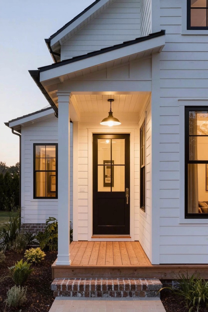 White board-and-batten house exterior with gabled roofline, covered front porch, black front door, hanging lantern, wooden porch deck, brick steps, and low landscaping at dusk.