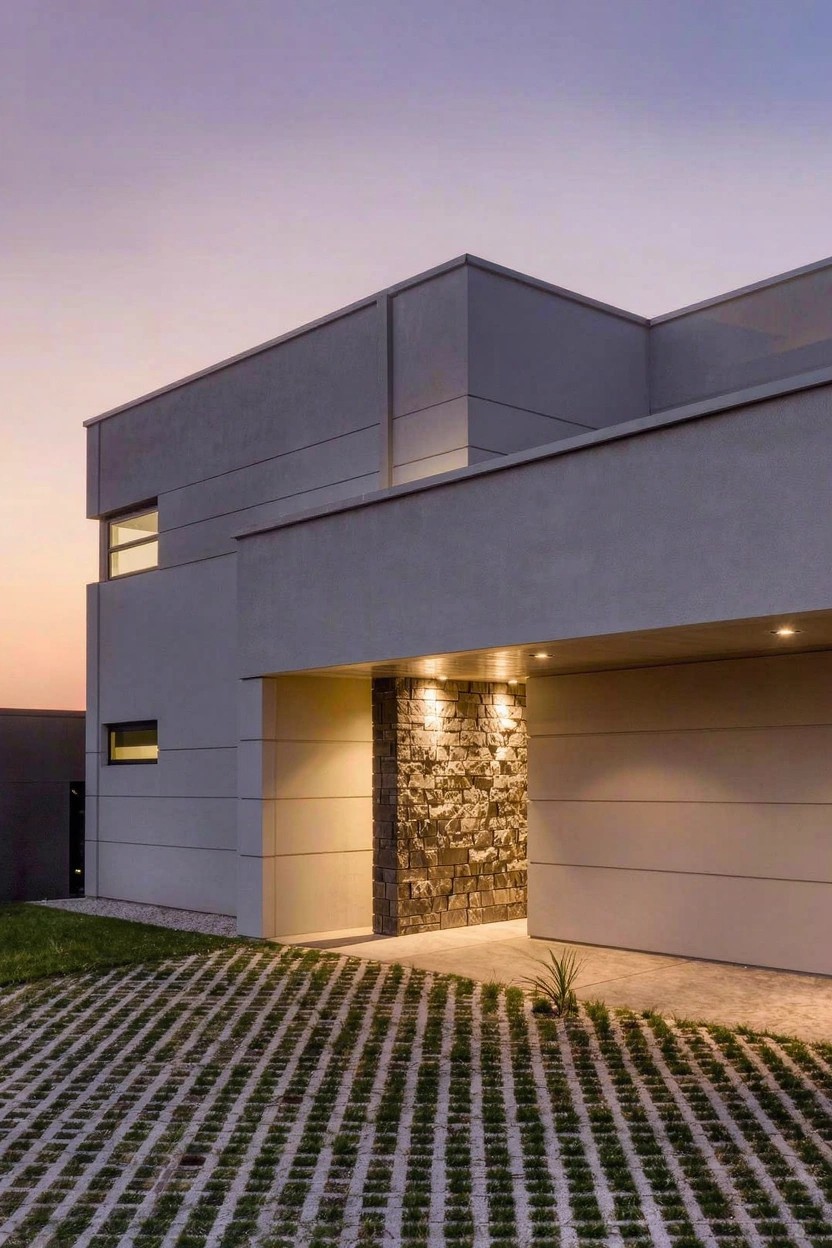 Modern two-story house exterior with light gray stucco walls, a vertical stone feature wall beside the recessed entry, illuminated open garage, and gravel paver driveway with grass at sunset.