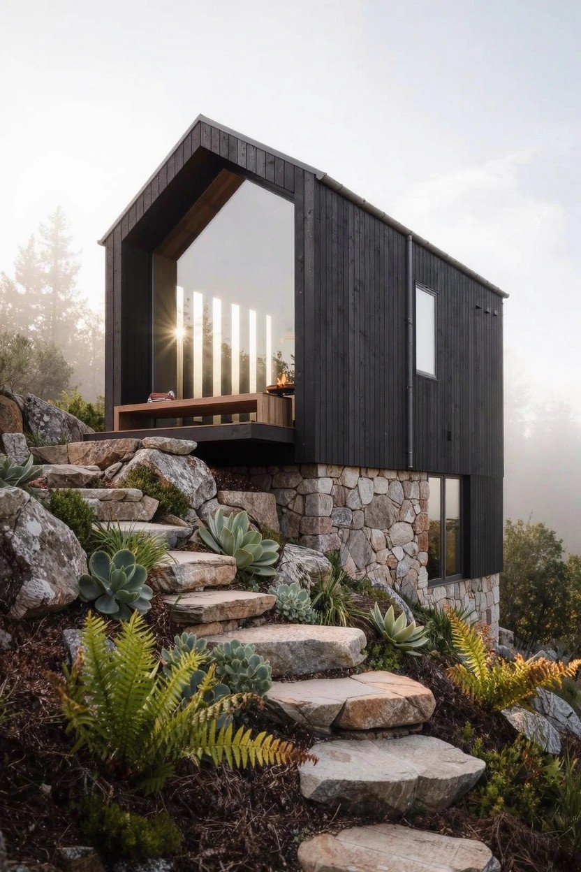A small modern black wooden house with a pitched roof and large glass window sits on a rocky hillside, accessed by wide stone steps planted with succulents and ferns amid misty trees.