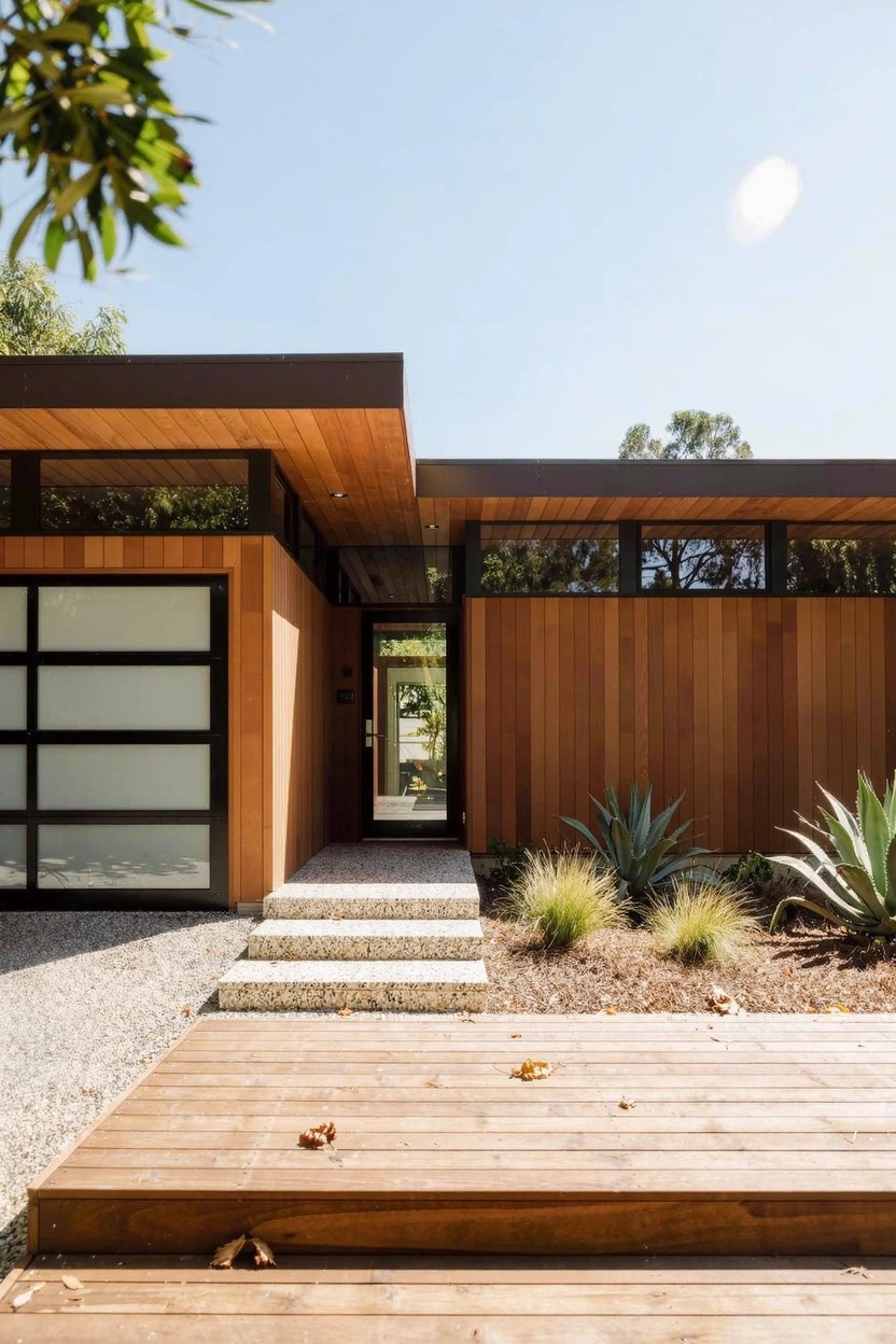 Modern house exterior featuring warm-toned vertical wood siding, frosted glass garage door, wood-framed entry with steps, gravel landscaping with agave plants, and a cantilevered upper level under a clear blue sky.