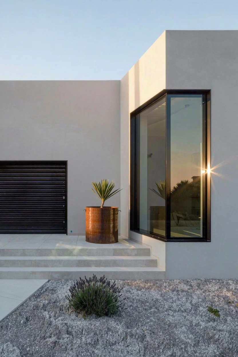 Corner exterior of a modern white stucco house featuring a large black-framed glass window, black slatted garage door, tall palm plant in copper pot, lavender shrubs in gravel yard, and concrete steps at sunset.