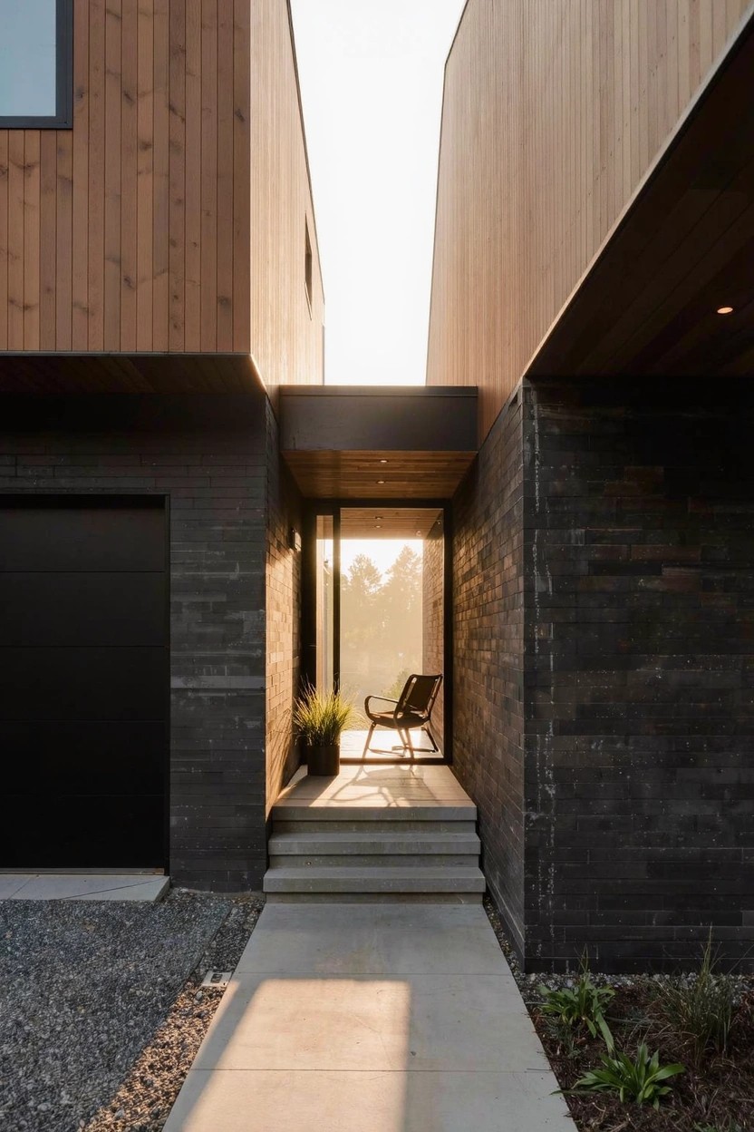 Modern house exterior with vertical cedar wood cladding on upper walls, black brick garage door and entry corridor, glass wall and door with interior chair visible, concrete pathway and steps from gravel driveway area.