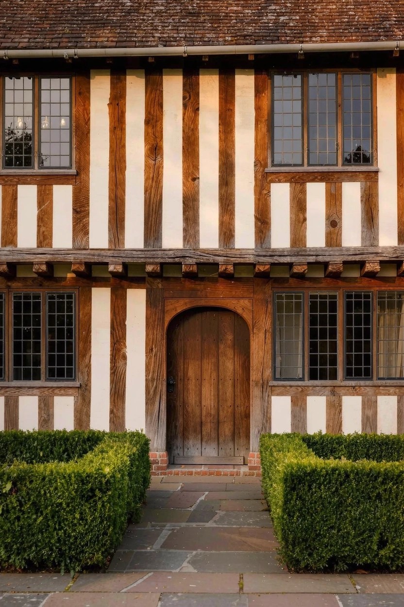 Two-story half-timbered house with dark wooden beams on white plaster walls, leaded glass windows, arched wooden entry door, stone pathway, and boxwood hedges.