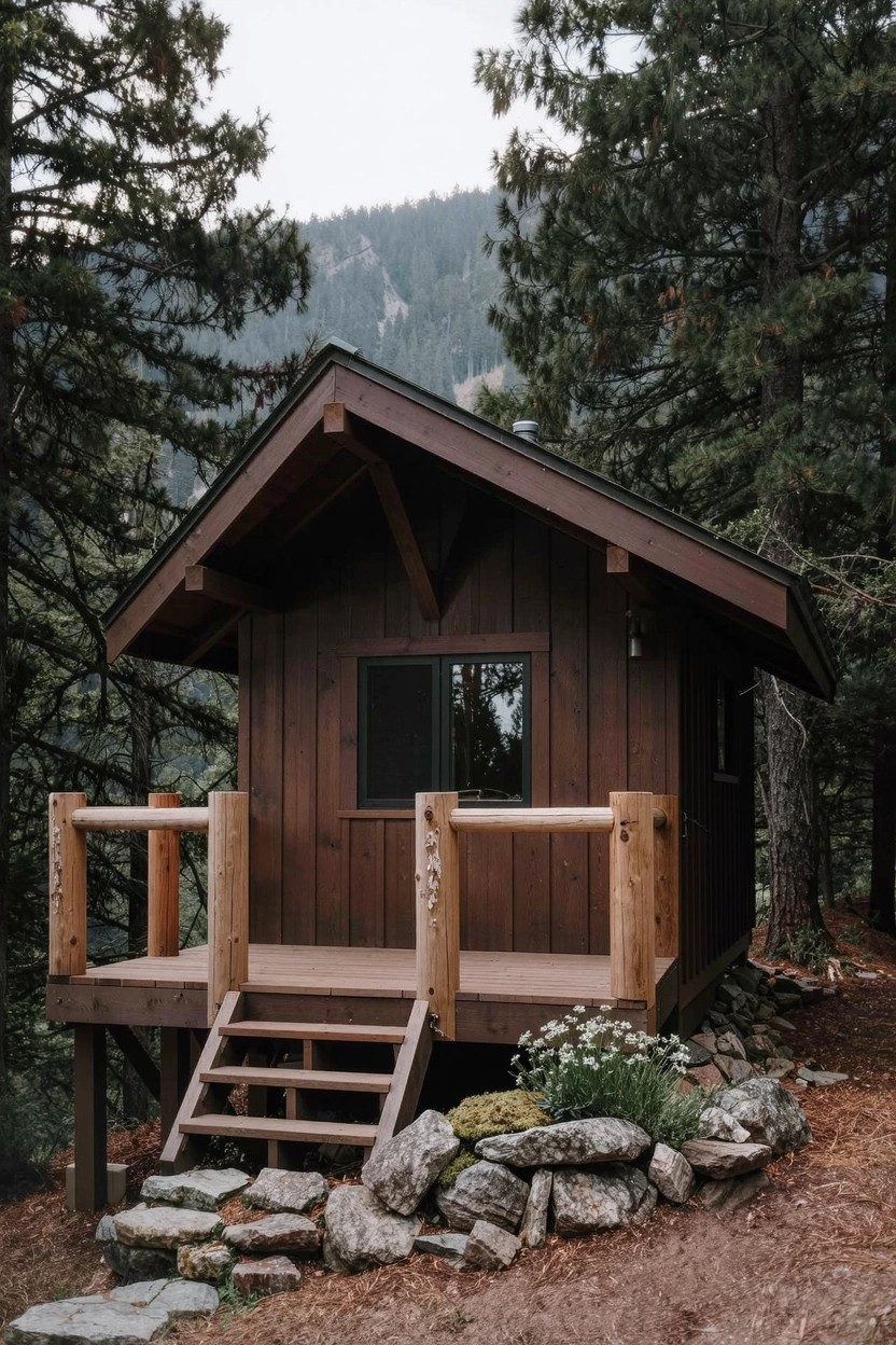 Small dark-stained wooden cabin elevated on wooden stilts with a deck porch, stairs, and railing, set against pine trees, rocks, and a forested slope.
