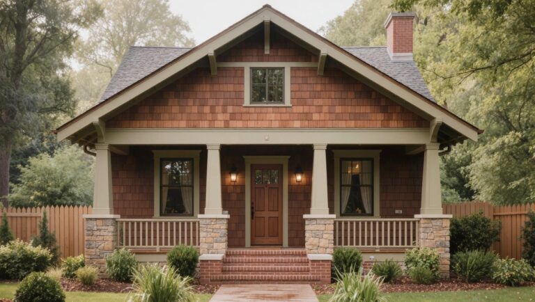 24 Elegant Stained House Exteriors That Add Warmth Craftsman bungalow house with reddish shingle siding, gabled front porch with tapered columns on brick piers, wood entry door, wall lantern, brick steps, picket fence, and trees in the yard.