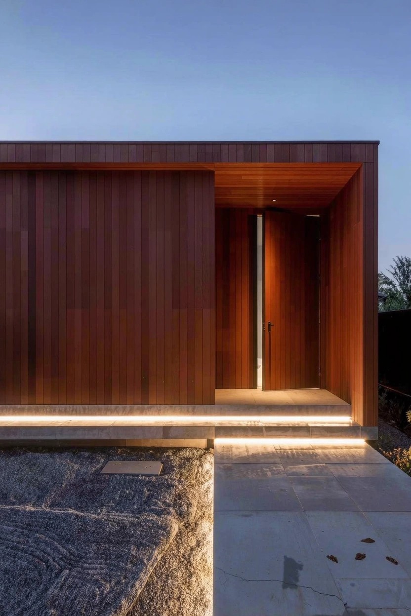 Contemporary house exterior with horizontal reddish-brown stained wood panels covering the facade, recessed tall door with glass insert under wooden overhang, LED strip lighting along stone and gravel entry path at dusk.