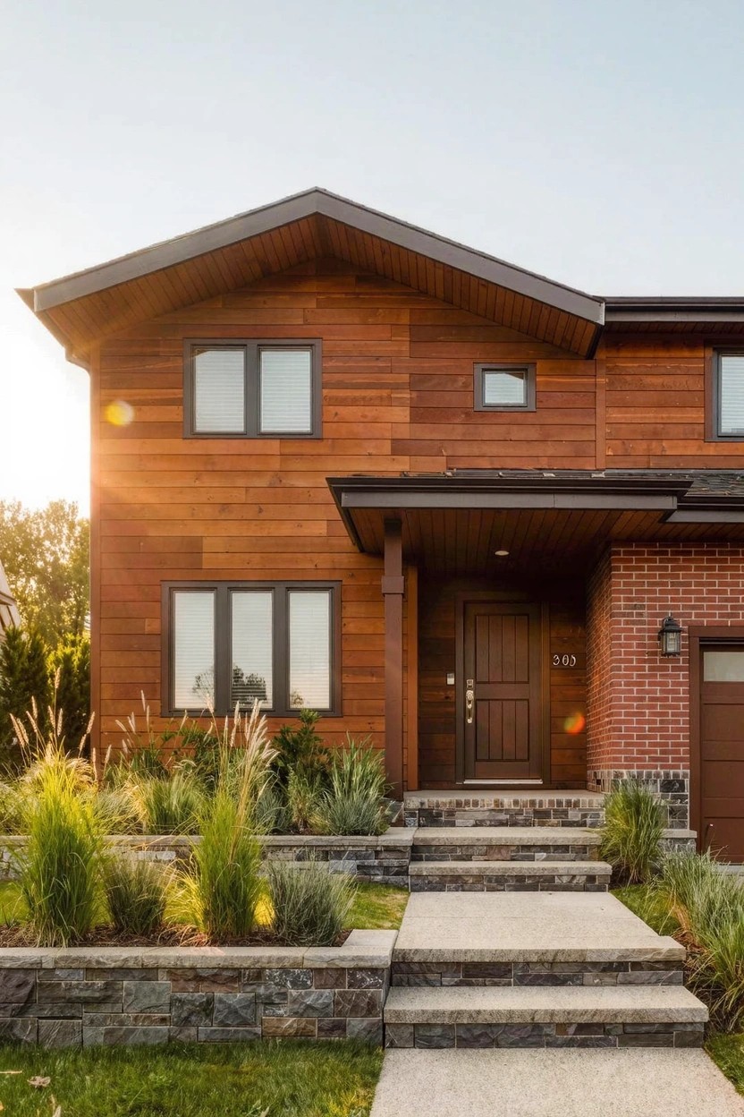 Modern two-story house with horizontal dark-stained wood siding, gabled roofline, large windows, wooden front door, brick garage door and base, concrete steps to entry, and low landscaping.