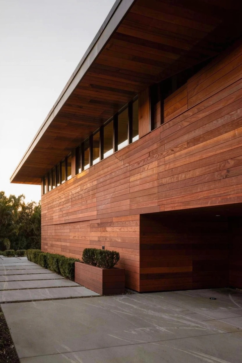 Side view of a modern house exterior with extensive horizontal stained wood cladding on walls and roof overhang, large dark-framed windows, recessed garage, concrete driveway and pathway, and boxwood shrubs in wooden planters.