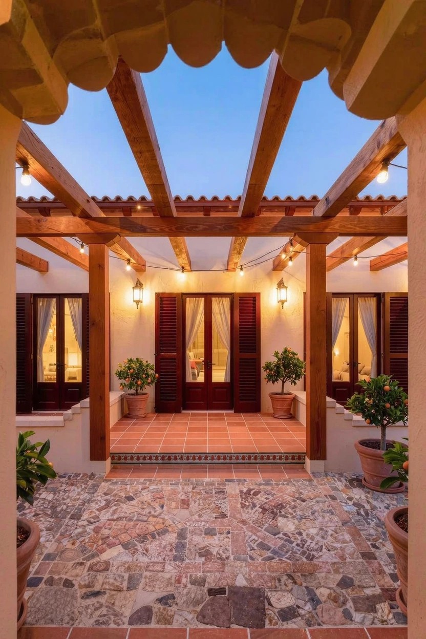 Wooden pergola with arched beams and string lights covers a terracotta-tiled terrace leading to wooden double doors with shutters, flanked by potted orange trees and stone pathway.