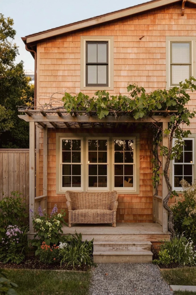 Warm orange-toned shingled house exterior with a vine-covered pergola over a front porch holding a wicker loveseat, flanked by plants and a gravel pathway.