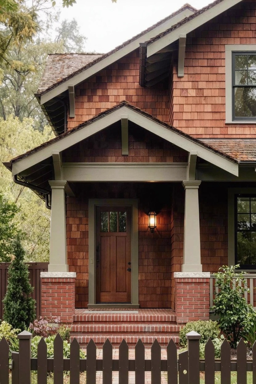 Craftsman bungalow house with reddish shingle siding, gabled front porch with tapered columns on brick piers, wood entry door, wall lantern, brick steps, picket fence, and trees in the yard.