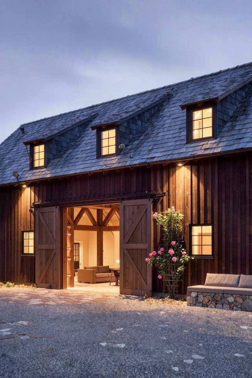 Wooden barn-style house exterior at dusk with dark-stained vertical siding, open double barn doors revealing warm-lit interior furniture, exterior wall lights, gravel ground, stone bench, and pink rose bush on the side.