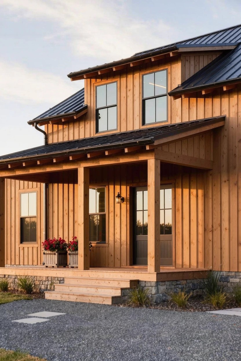 Two-story house with warm-stained vertical board and batten wood siding, black metal roof, covered front porch supported by wooden posts, large windows, potted flowers, and gravel driveway.