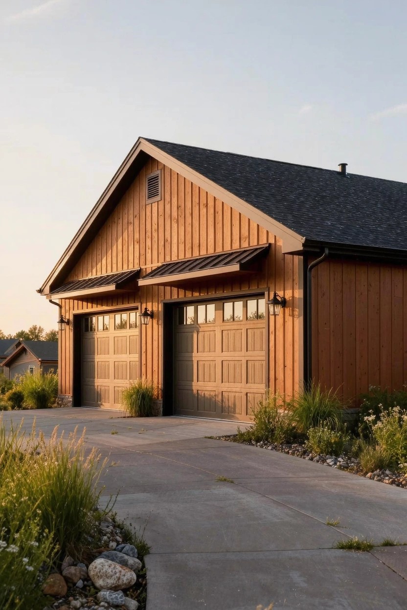 Detached garage with vertical stained wood siding, two gray paneled garage doors under metal awnings, black metal roof, side lanterns, and driveway edged by grasses and rocks.