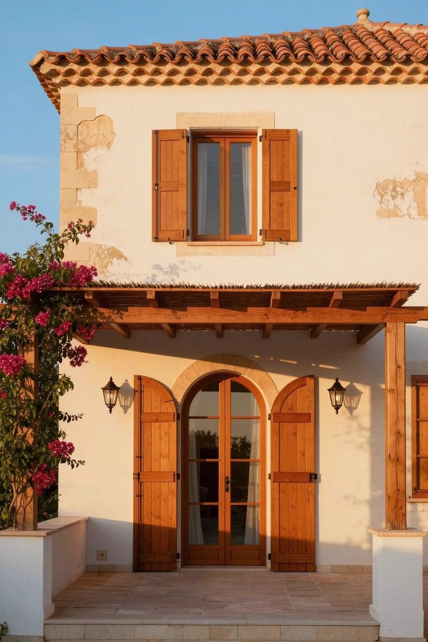 White stucco house exterior with terracotta tile roof, stained wooden arched double doors, wooden shutters on windows, wooden beam porch cover with columns, bougainvillea climbing nearby, and wall lanterns beside the entry.
