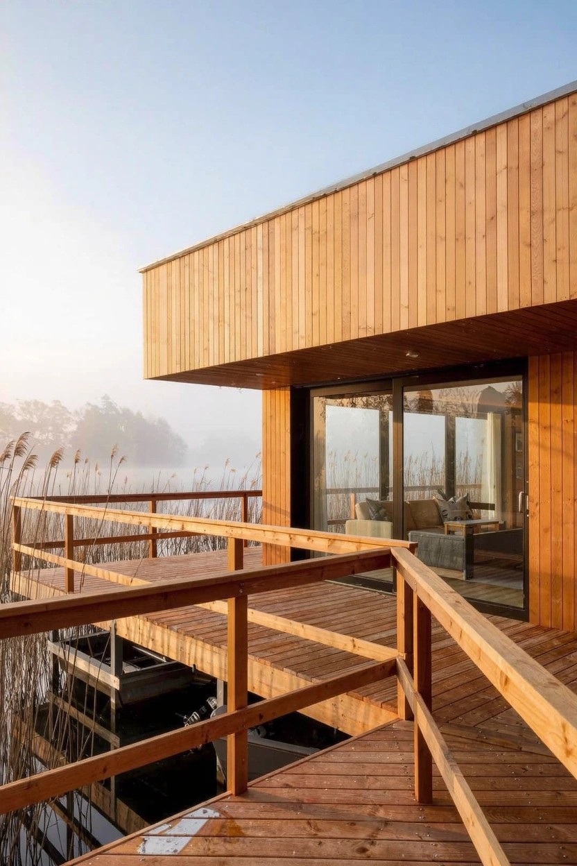 Modern house with vertical warm-stained wooden siding, large glass walls, and extensive wooden deck extending over a reedy lake in morning mist.