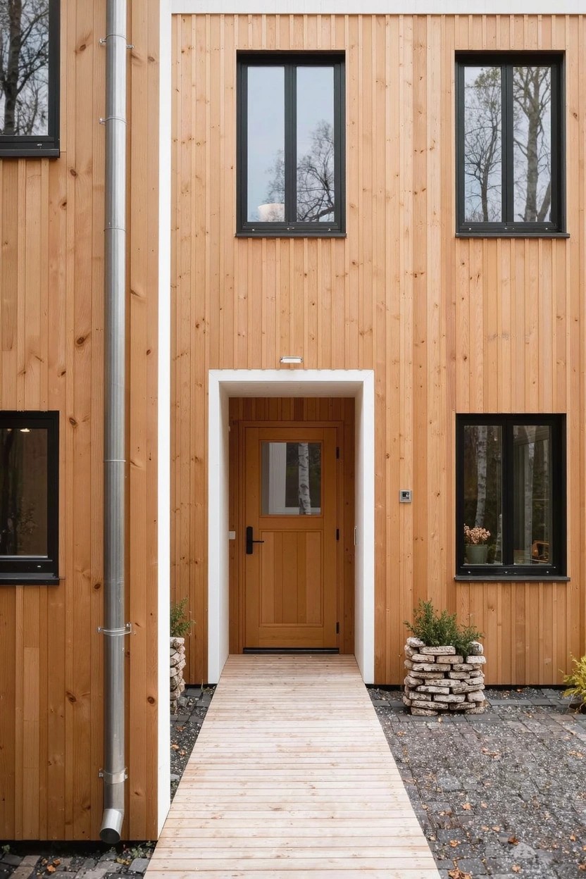 Modern two-story house with light stained vertical wood cladding, black-framed windows, light wooden front door with glass panel, wooden entry pathway, gravel yard with plants and stones, and metal drainpipe.