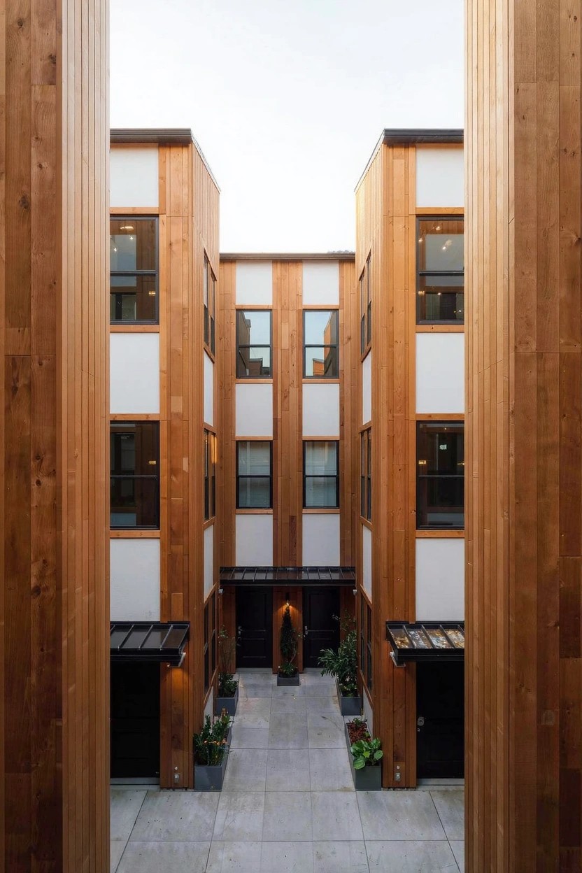 Two modern multi-story buildings with vertical stained wood siding and white panels flanking a central paved courtyard pathway leading to a dark entry door, framed by tall wood posts and potted plants.