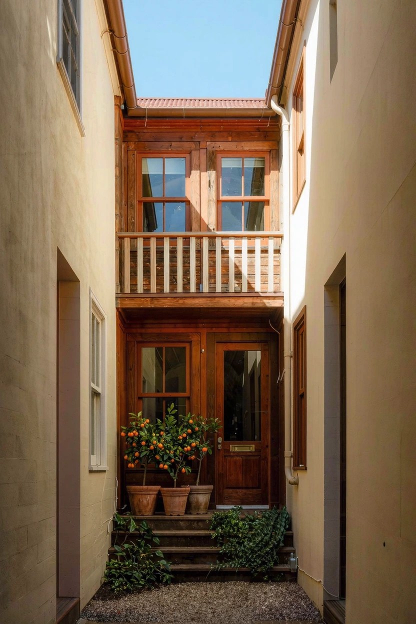 Narrow sunlit courtyard between light stucco walls with a central two-story wooden house facade featuring a balcony with railing, large windows, double entry doors, potted orange trees flanking steps, and gravel ground.