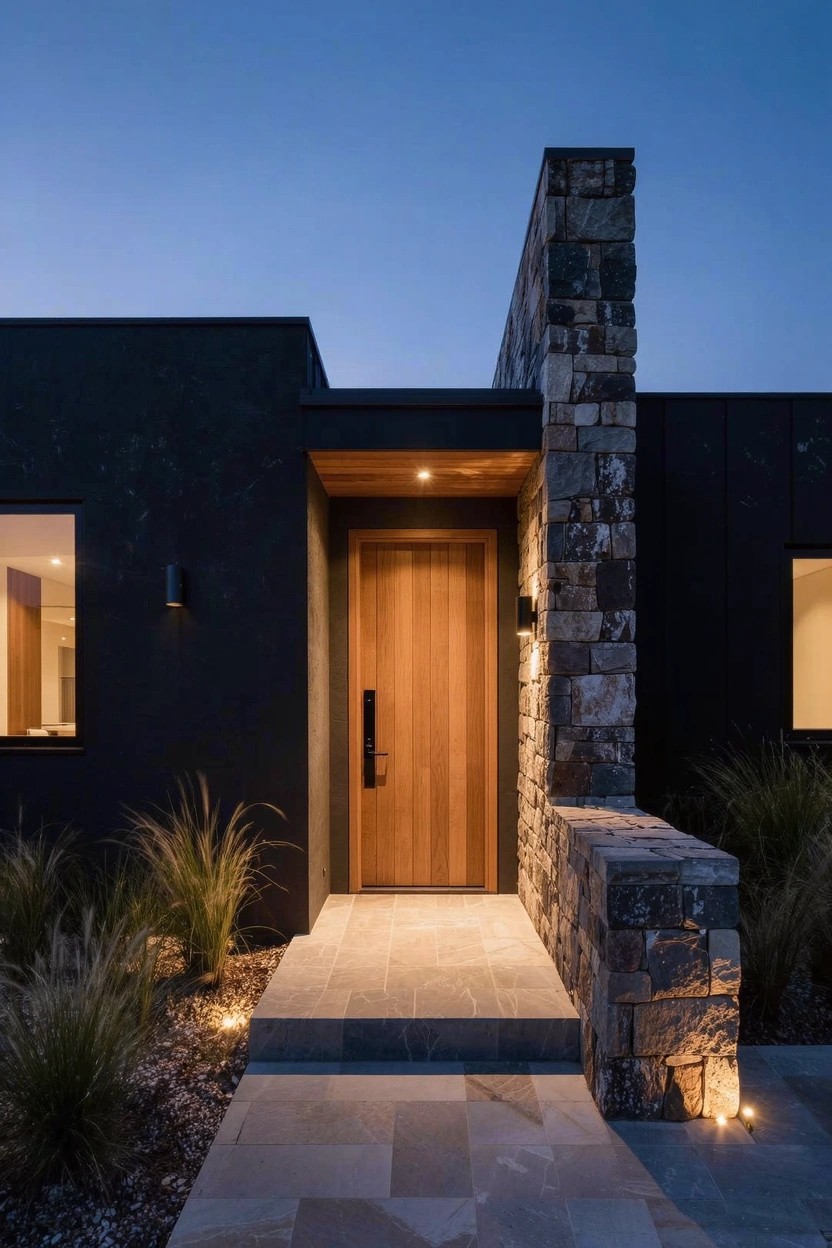 Modern house exterior featuring black walls, wooden front door, stone accent pillar and steps, pathway lighting, and grasses at dusk.