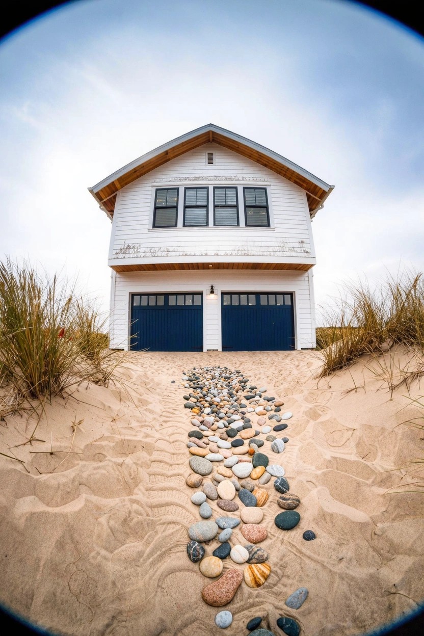 White clapboard house with double blue garage doors on a sandy dune, colorful pebble path leading uphill to the doors, surrounded by beach grass under cloudy sky.
