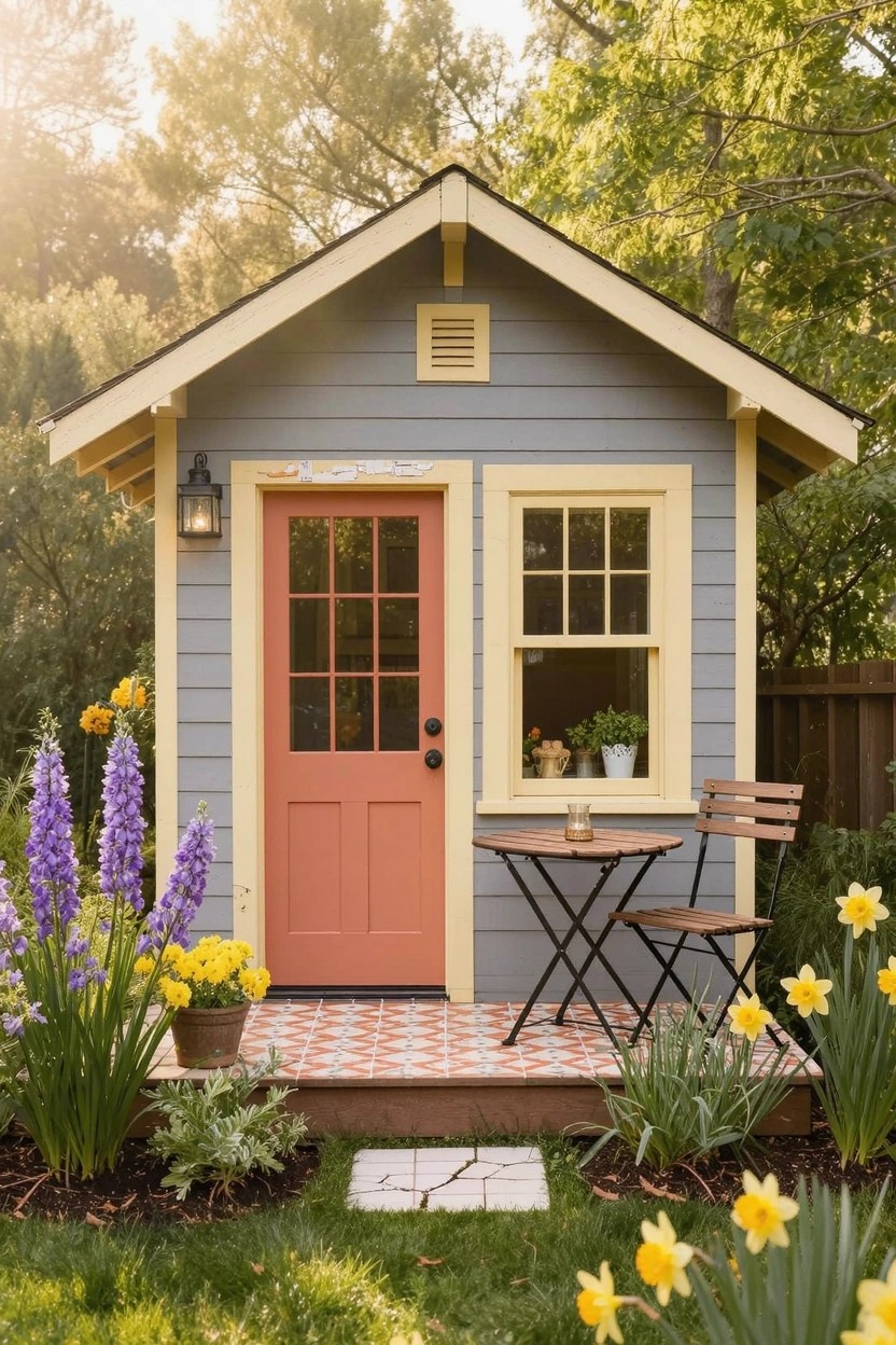 Small light blue house with yellow trim and gable vent, orange front door, small porch with bistro table and two chairs on tiled floor, surrounded by flowers including foxgloves and daffodils.