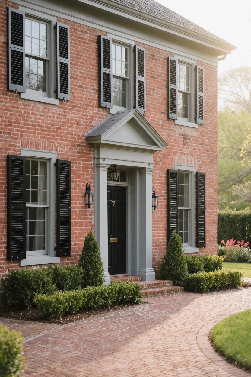 Two-story red brick house with black shutters on white-framed windows, gray pedimented front door flanked by lanterns and boxwood shrubs, brick pathway leading to entry.