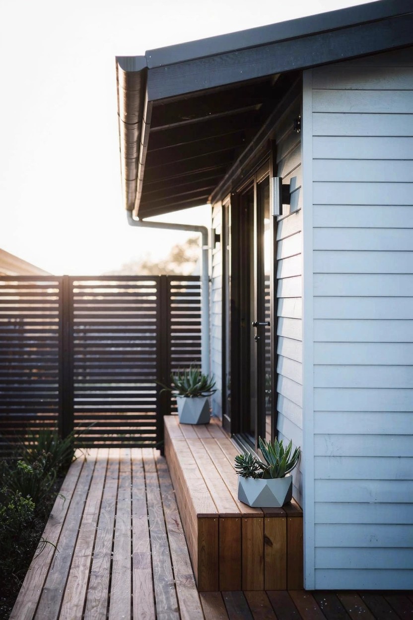 Side view of a house with light-colored horizontal board siding, dark roof overhang, wooden deck with steps leading to a glass door, slatted wooden screen, and potted succulents beside a bench.