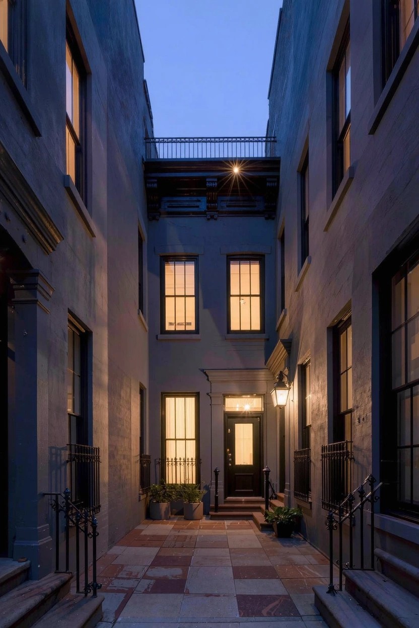 Narrow courtyard between two dark gray painted brick townhouses at dusk, featuring lit windows, a central black door with lanterns, wrought iron railings, potted plants, and a checkered tile floor.