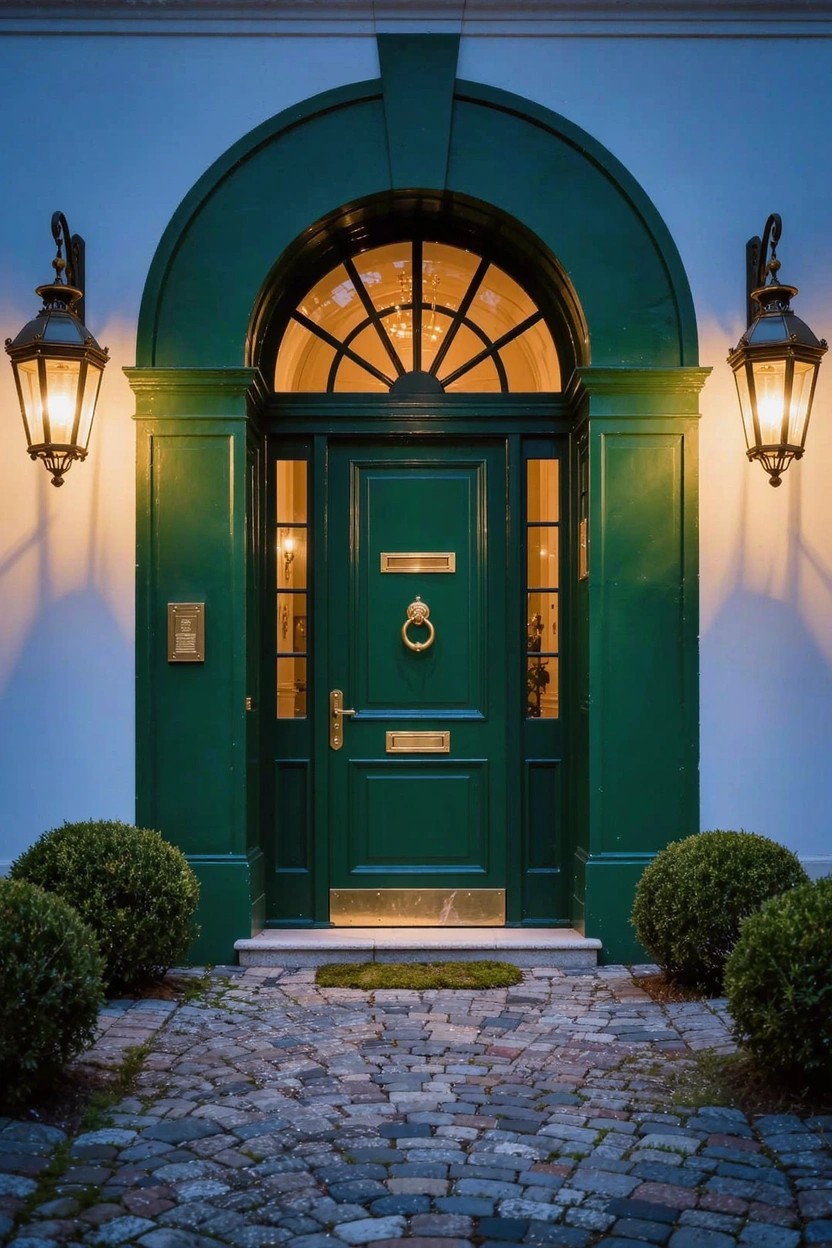 Dark green arched front door with fanlight window and brass knocker on white stucco house facade, flanked by black lanterns and boxwood shrubs on cobblestone path at dusk.