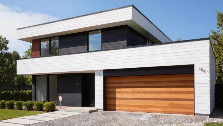 Modern two-story house exterior with black siding on the lower section, white horizontal siding on the upper section, wooden plank garage door, black front door, and gravel driveway with pavers leading to the entry.
