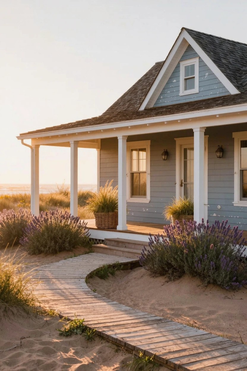 Light blue clapboard beach house with white trim, gabled roof, columned porch, lavender plants in pots, and wooden boardwalk path through dunes to the entry at sunset.