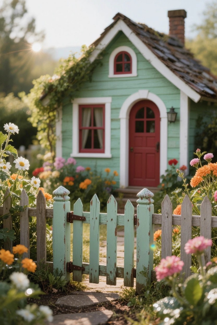 Small mint-green cottage with red door and window frames, white trim, ivy climbing the walls, colorful flowers around a green picket fence, and stone path leading to the arched entry.