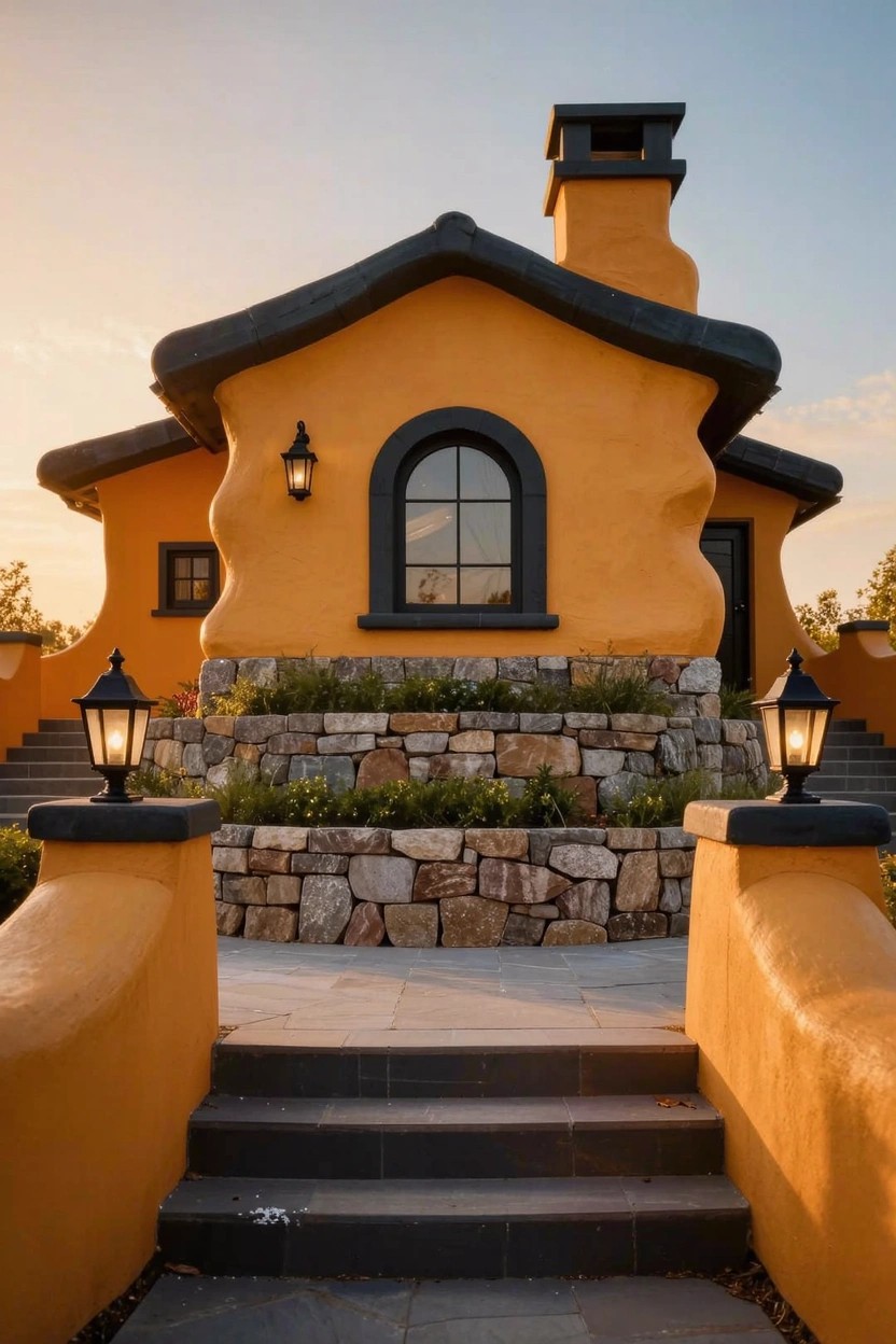 A small mustard yellow house with curved stucco walls, black shingled roof, arched window, stone base, steps flanked by walls and lanterns.