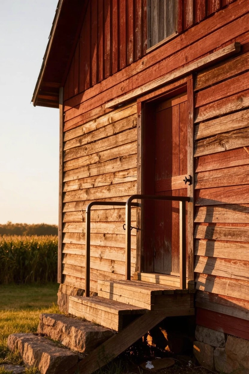 Red wooden barn structure with horizontal plank siding, a red door, black metal railing, and stone steps leading to the entry, beside a field at sunset.