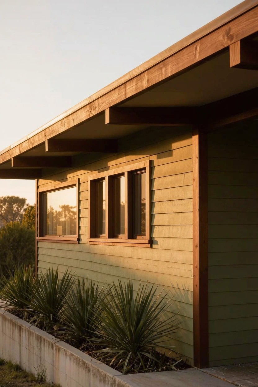 Side view of a single-story house with sage green vertical siding, wooden beams and trim under overhanging eaves, large windows, and agave plants in front of a low retaining wall at sunset.