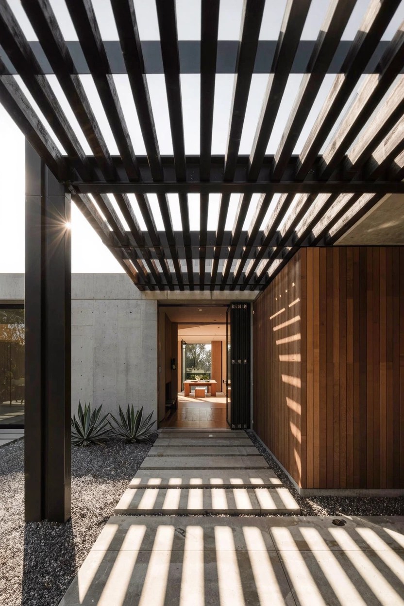 Modern house exterior with black slatted steel pergola shading a concrete pathway leading to a wood-paneled entry door, agave plants on one side, and gravel ground cover.